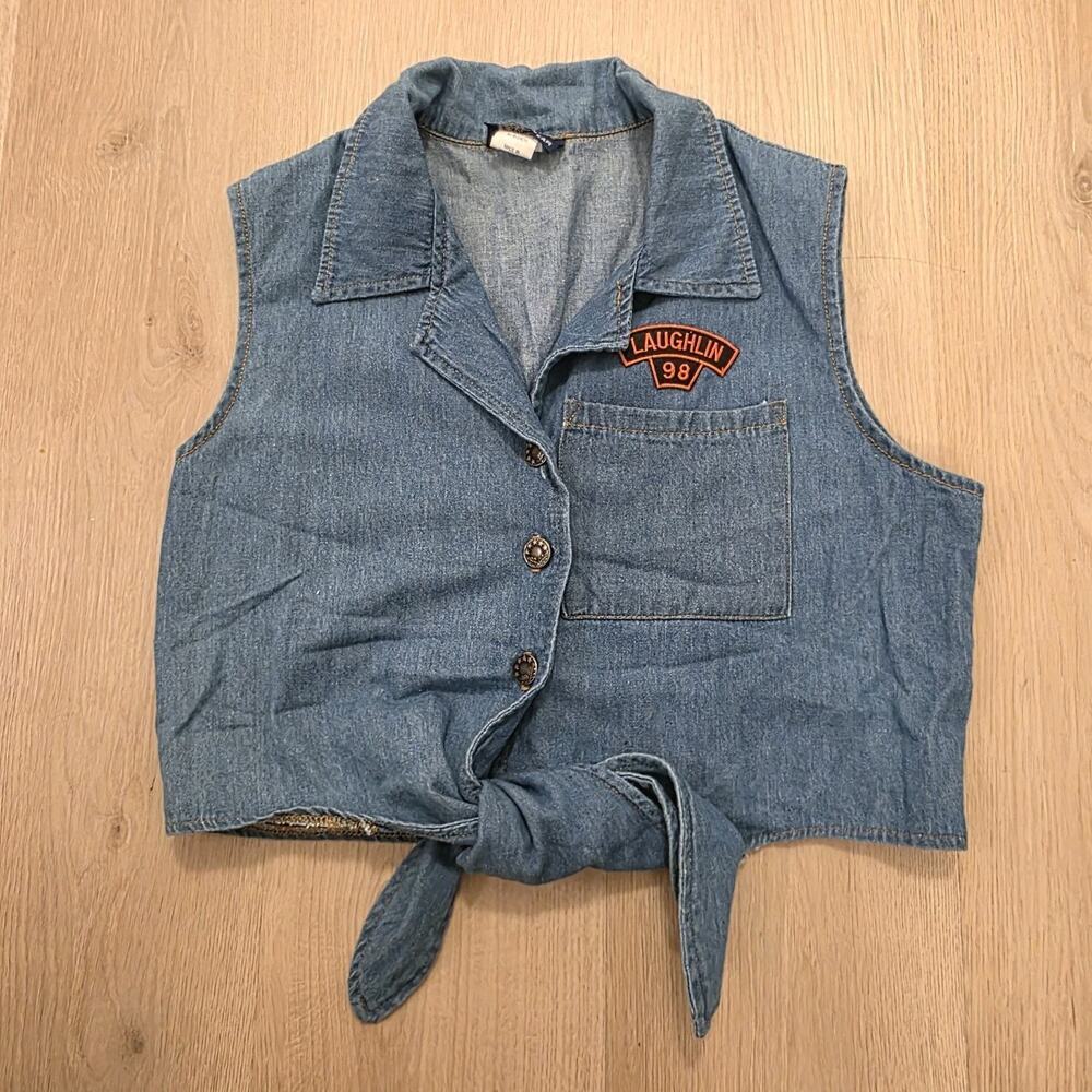 Vintage‎ Sportswear Sleeveless Denim Button Up Y2K Grunge Western Tie Shirt Sz L